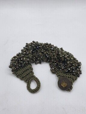 Vintage 1950s Boho Crocheted Seed Bead Cuff Bracelet Olive Green Metallic Button